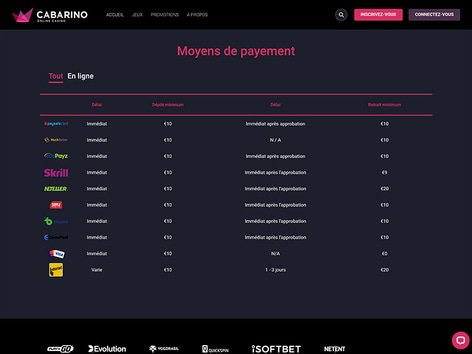 Cabarino Casino Cashier Screenshot